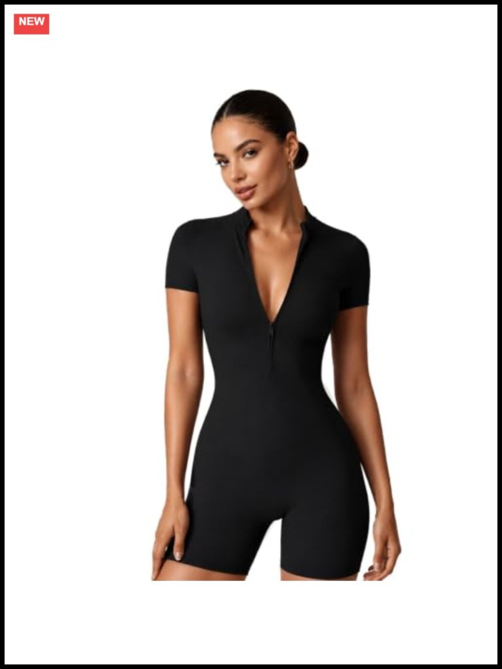 Short Sleeve Romper Women One Piece Zipper Neck Stretchy Athletic Jumpsuit